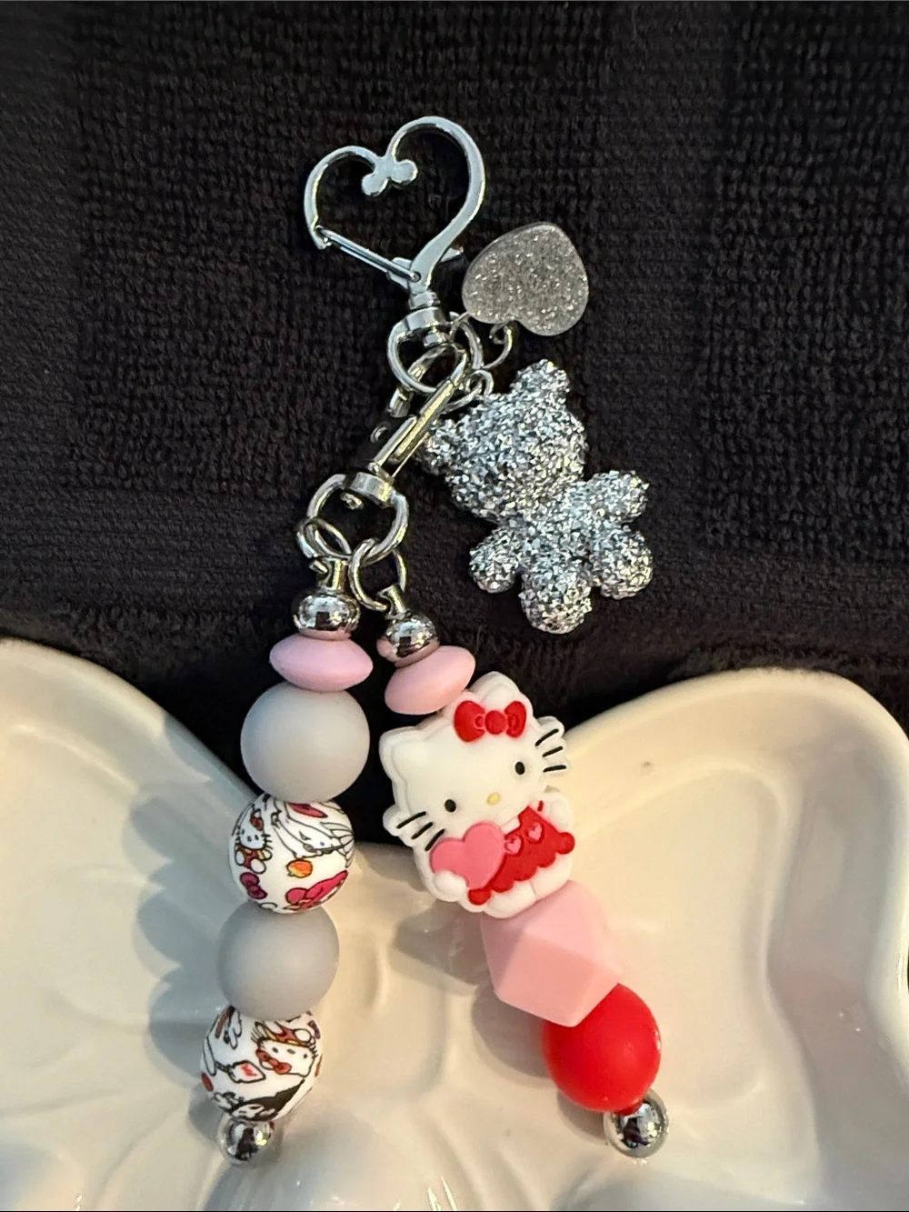 Hello Kitty Pink & Red Beaded Keychain with Glitter Clover Charm